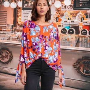 Free People Keepin On Orange Boho Floral Festival Draped Twist Hem top XS.